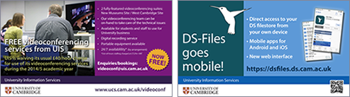 UIS now offers free videoconferencing facilities in West Cambridge, as well as on the New Museums Site; the web interface to DS-Files got an upgrade, and a new mobile app was launched for iOS and Android mobile devices.